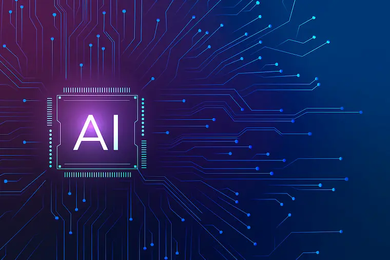Künstliche Intelligenz Konzept – leuchtender AI-Chip auf digitaler Schaltkreis-Platine symbolisiert moderne Technologie und maschinelles Lernen.